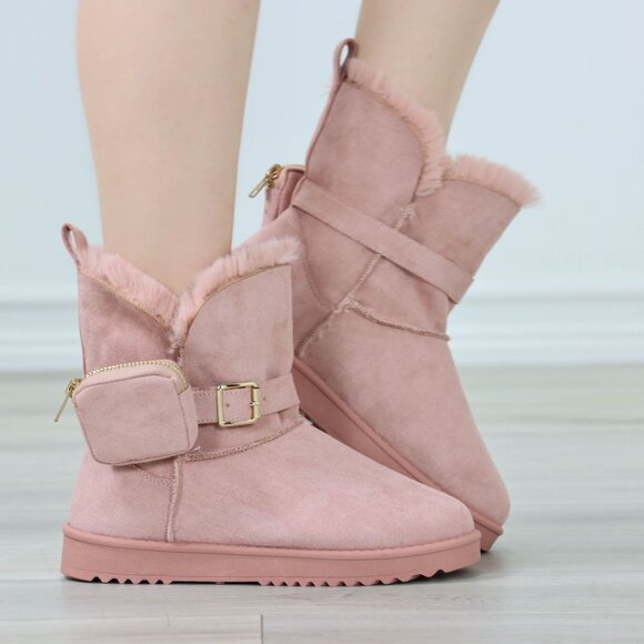 Womens Warm Fuzzy Ankle Booties Super Cozy Fully Lined Faux Pink Suede Pocket - Picture 11 of 14
